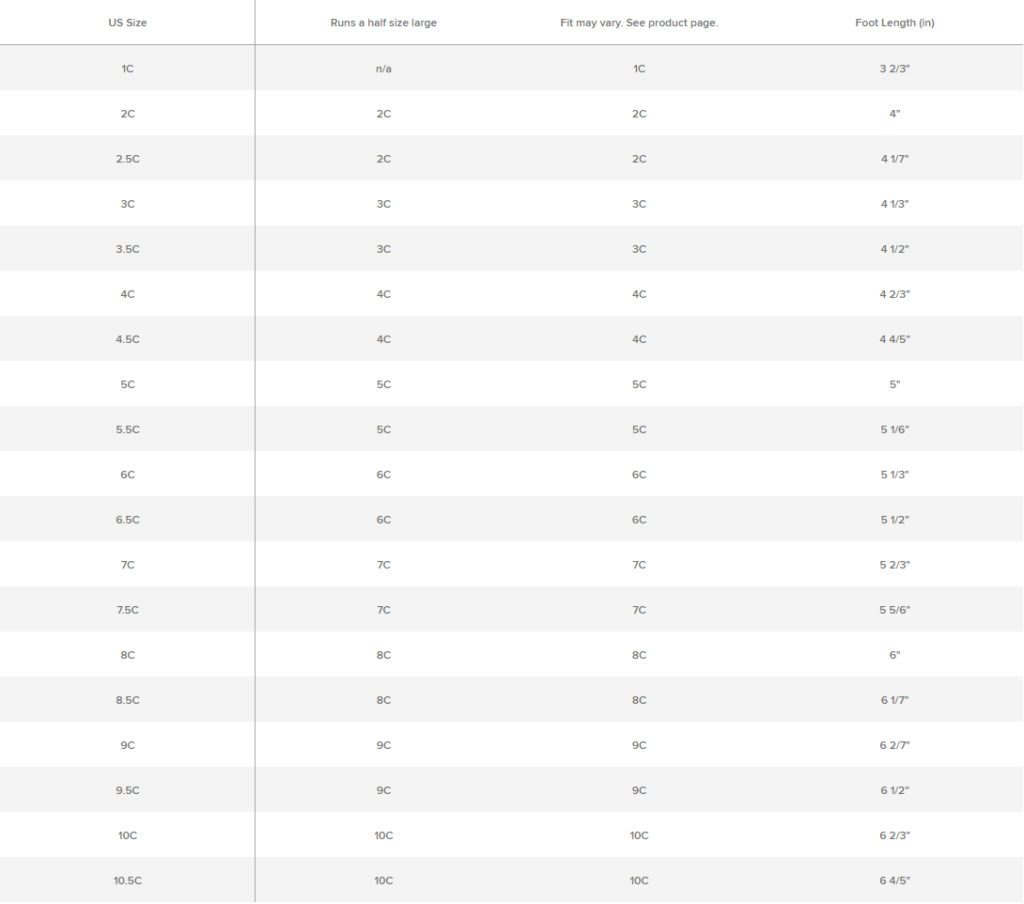 Infants & Toddlers Converse Shoe Size Chart