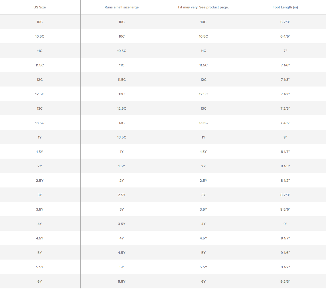 Converse Kids Size Chart