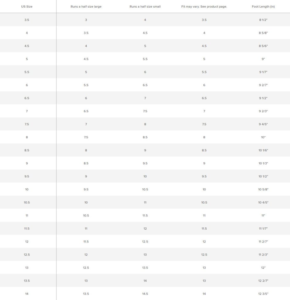 Men's Converse Shoe Size Chart