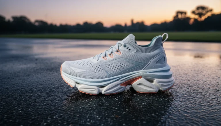 Maximum cushion road running shoe on a track