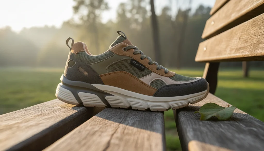 KURU Shoes Review 2026: Are They Worth It for Foot Pain? 5 Comfortable cushioned walking shoe on a wooden bench