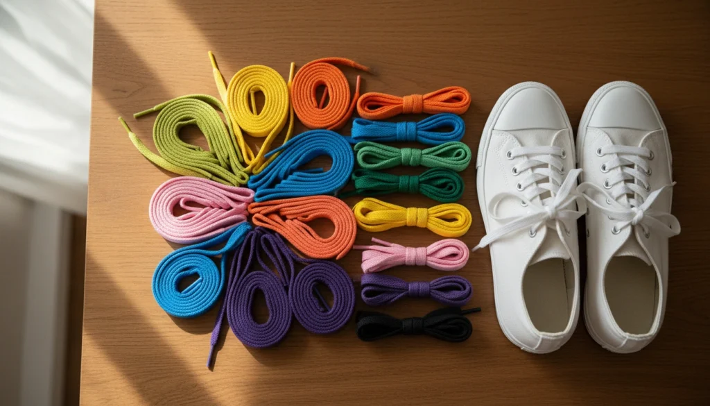 Shoelace Length Chart: Find the Right Lace Length for Any Shoe (2026) 7 Shoelaces of different lengths arranged next to sneakers