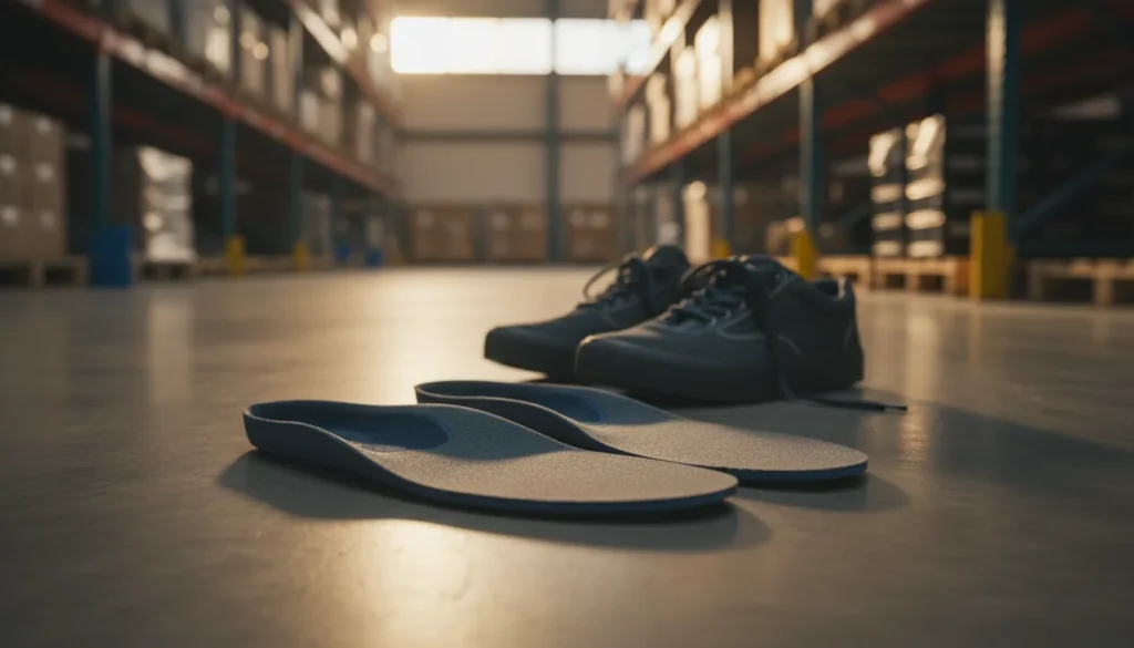 Two orthotic shoe insoles lying on a concrete warehouse floor beside a pair of work sneakers
