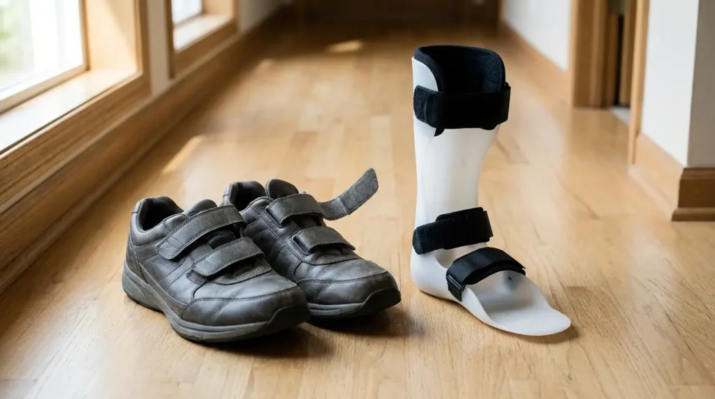 A white ankle-foot orthosis (AFO) brace standing beside a pair of hook-and-loop walking shoes on a wooden hallway floor