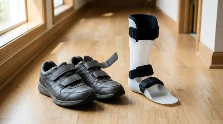 A white ankle-foot orthosis (AFO) brace standing beside a pair of hook-and-loop walking shoes on a wooden hallway floor