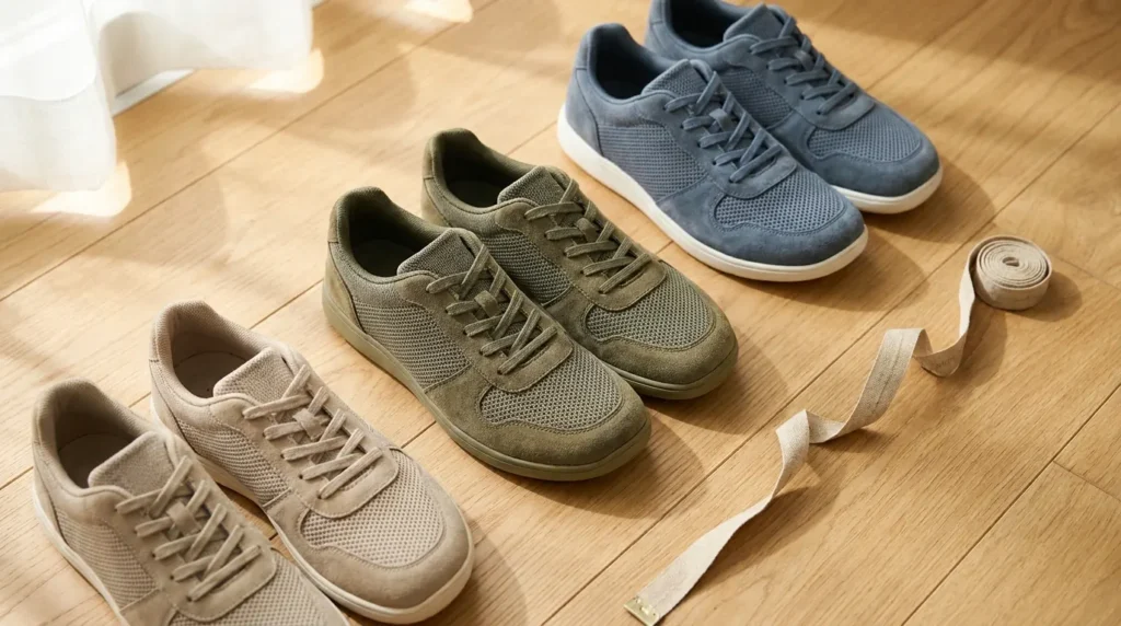 Three pairs of sneakers with wide, foot-shaped toe boxes on a wooden floor
