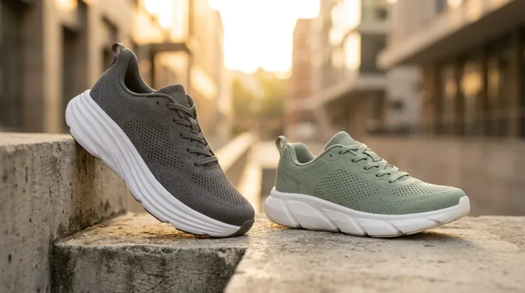 A thick max-cushion running shoe next to a lighter everyday cushioned running shoe